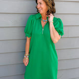 Kelly Green Puff Sleeve Half - Zip Mini Dress - Jessi Jayne Boutique