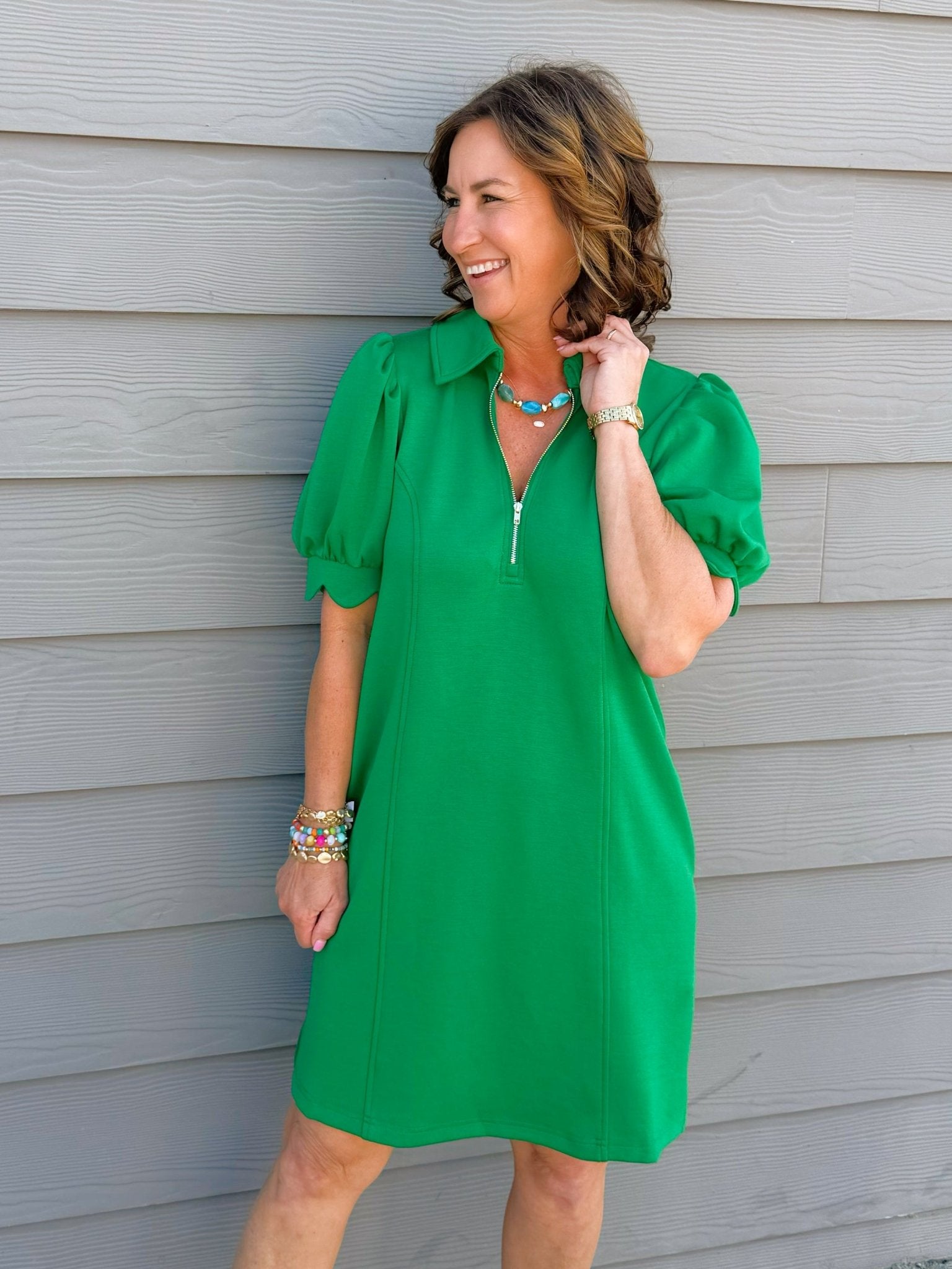 Kelly Green Half-Zip Puff Sleeve Mini Dress
