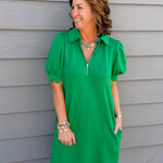 Kelly Green Puff Sleeve Half - Zip Mini Dress - Jessi Jayne Boutique