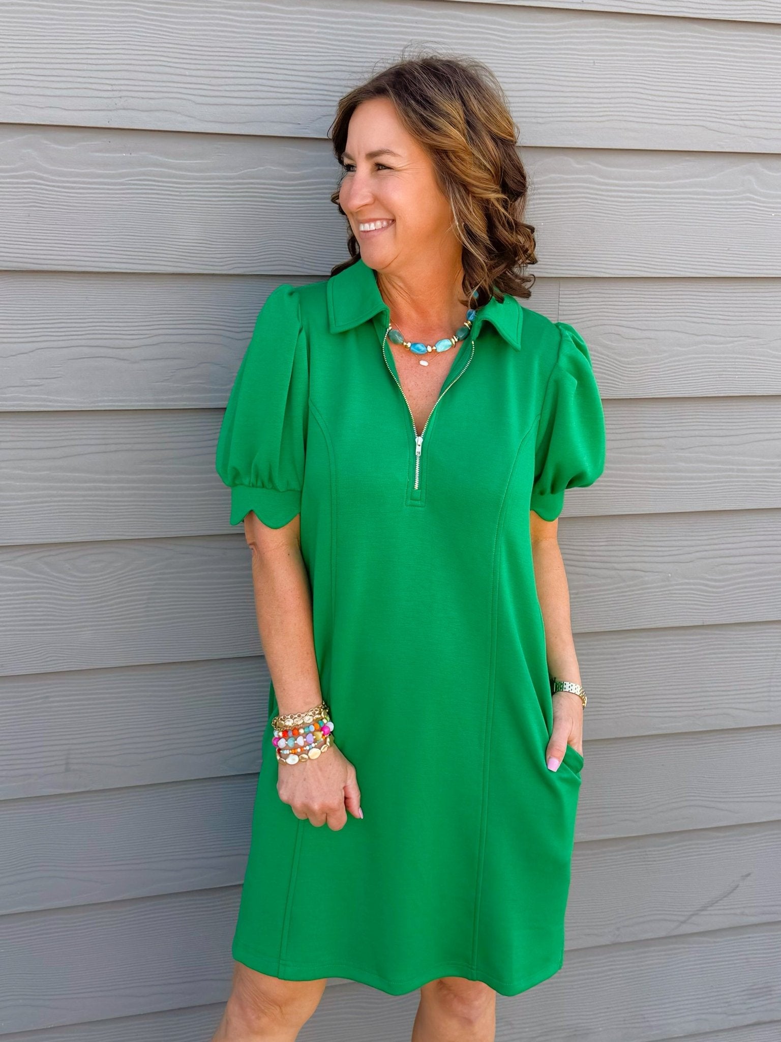 Kelly Green Puff Sleeve Half - Zip Mini Dress - Jessi Jayne Boutique