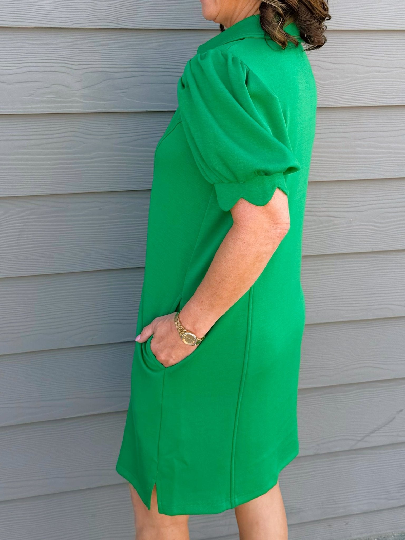 Kelly Green Puff Sleeve Half - Zip Mini Dress - Jessi Jayne Boutique