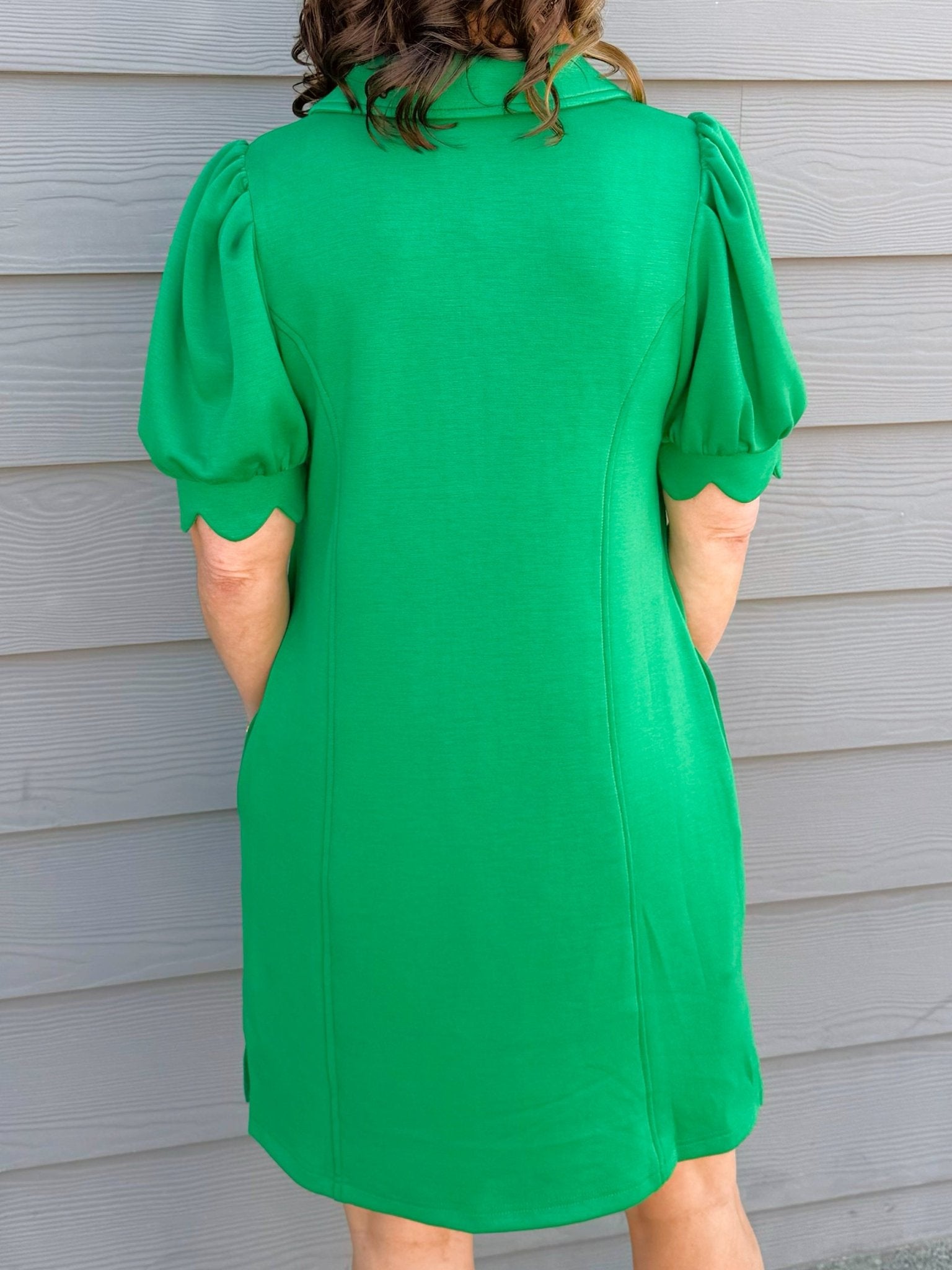 Kelly Green Puff Sleeve Half - Zip Mini Dress - Jessi Jayne Boutique