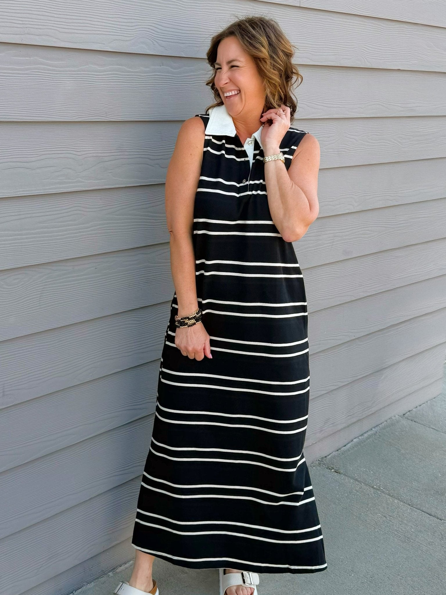 Black & Cream Stripe Sleeveless Polo Dress - Jessi Jayne Boutique