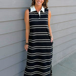 Black & Cream Stripe Sleeveless Polo Dress - Jessi Jayne Boutique