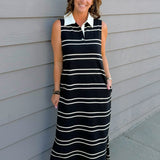 Black & Cream Stripe Sleeveless Polo Dress - Jessi Jayne Boutique