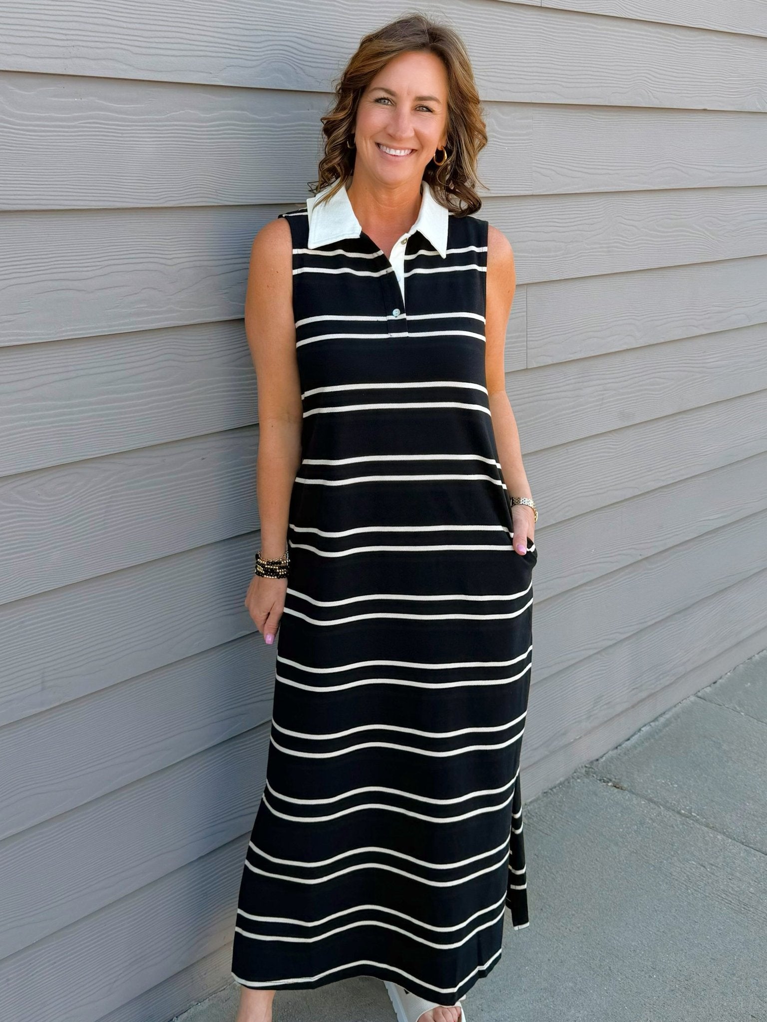Black & Cream Stripe Sleeveless Polo Dress