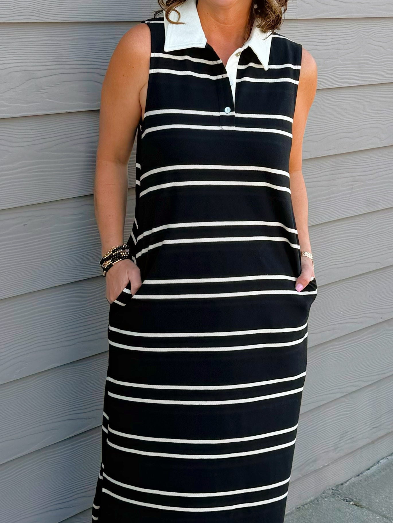 Black & Cream Stripe Sleeveless Polo Dress - Jessi Jayne Boutique