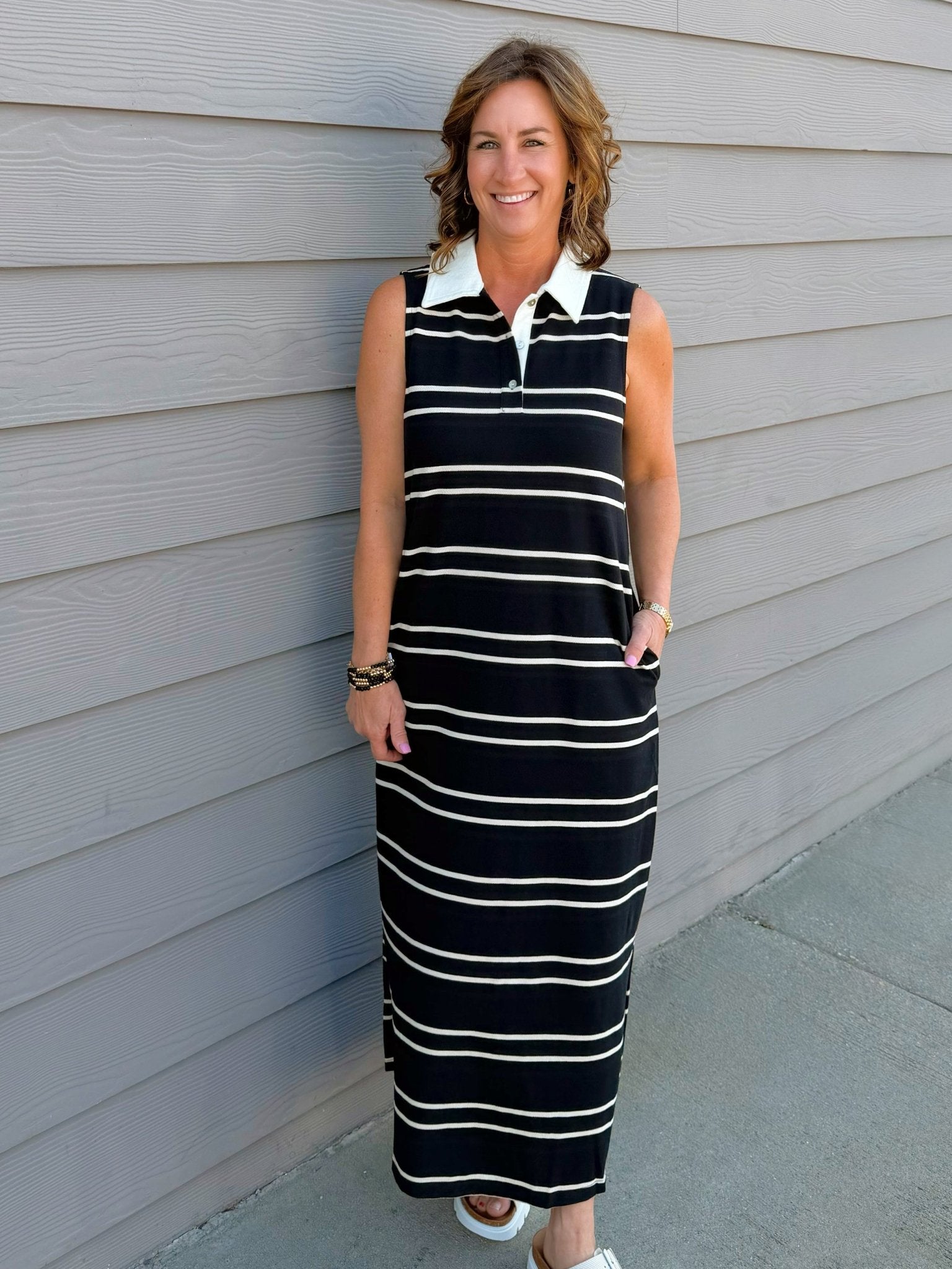 Black & Cream Stripe Sleeveless Polo Dress - Jessi Jayne Boutique