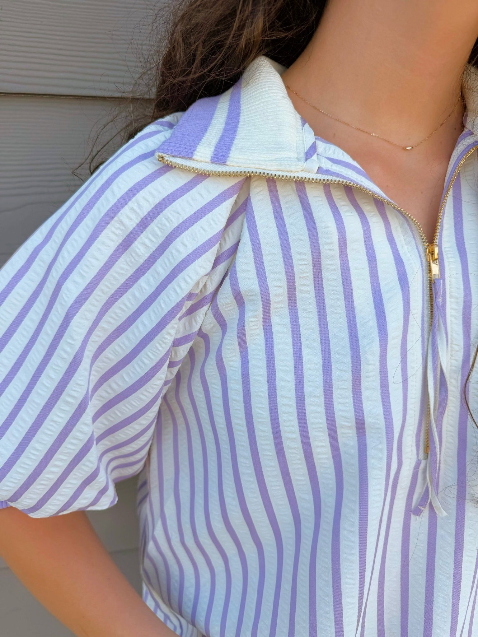 Lavender Stripe Puff Sleeve Half - Zip Top - Jessi Jayne Boutique