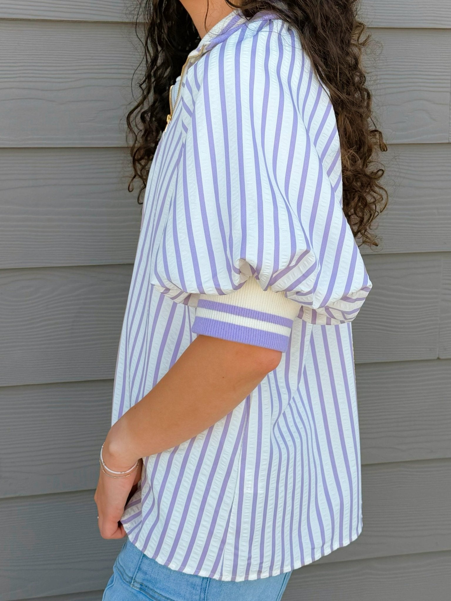 Lavender Stripe Puff Sleeve Half - Zip Top - Jessi Jayne Boutique