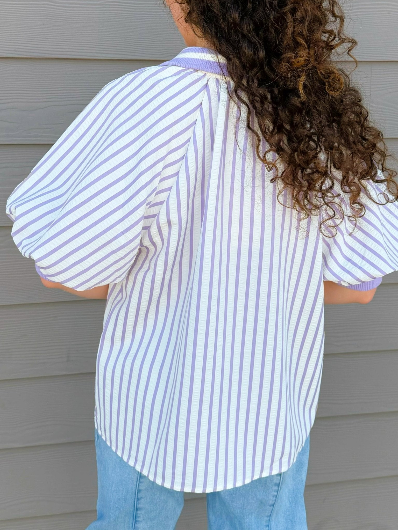 Lavender Stripe Puff Sleeve Half - Zip Top - Jessi Jayne Boutique