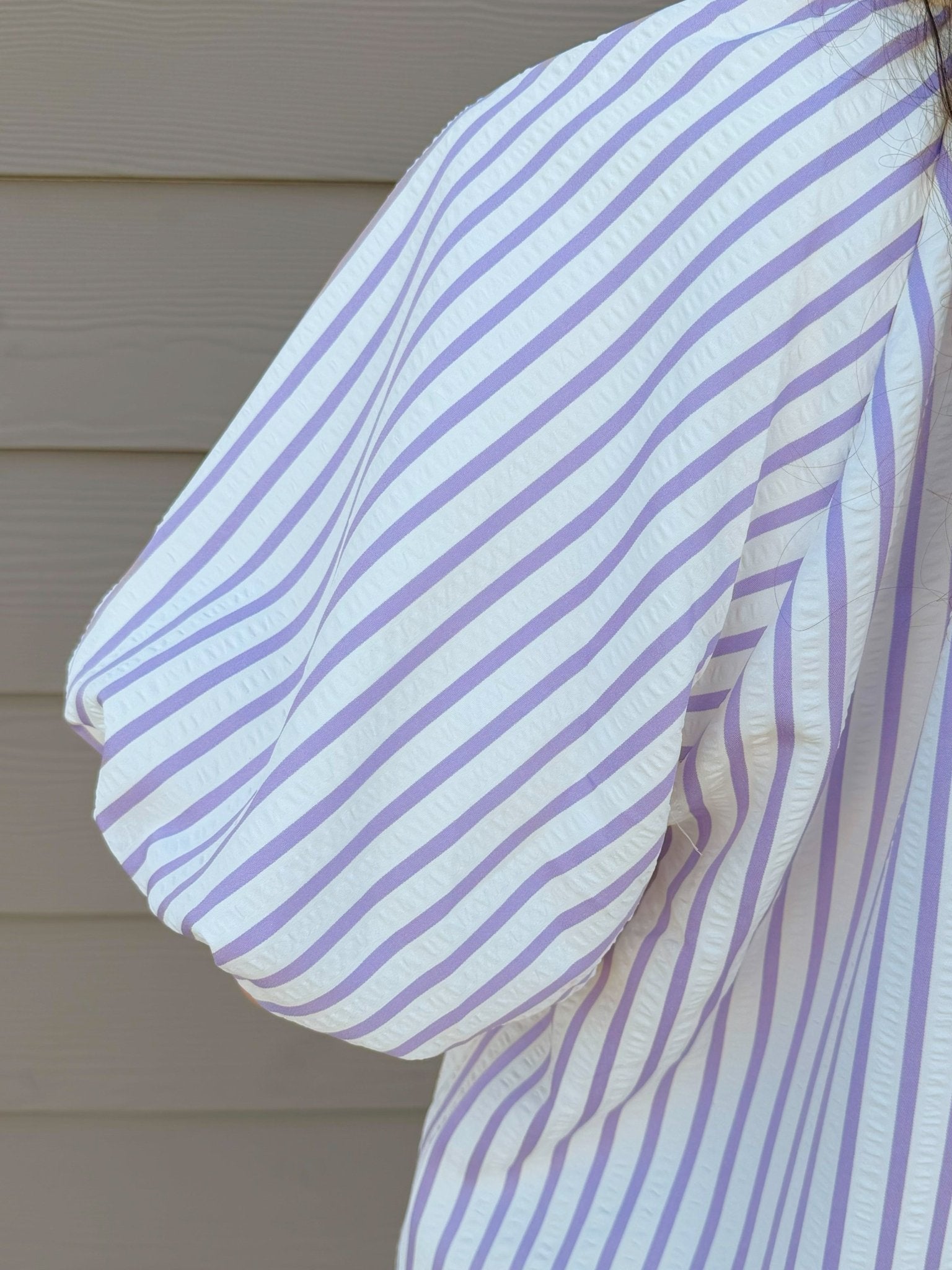Lavender Stripe Puff Sleeve Half - Zip Top - Jessi Jayne Boutique
