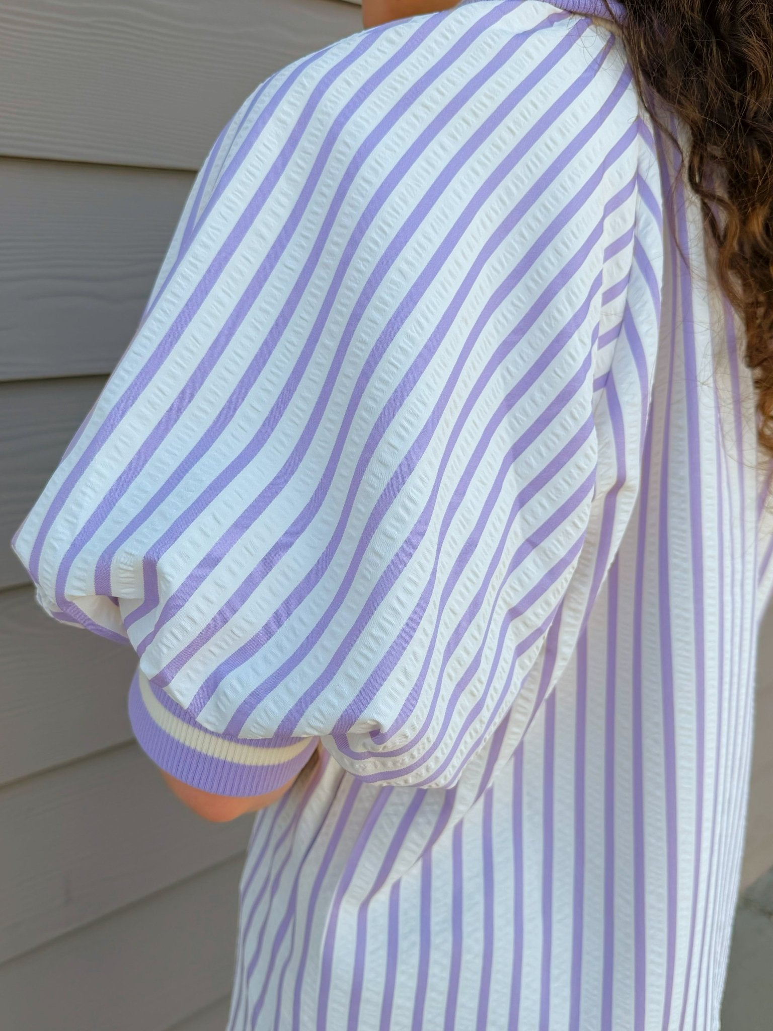 Lavender Stripe Puff Sleeve Half - Zip Top - Jessi Jayne Boutique