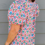 Floral Diamond Print Puff Sleeve Button - Down Top - Jessi Jayne Boutique