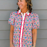 Floral Diamond Print Puff Sleeve Button - Down Top - Jessi Jayne Boutique