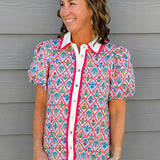 Floral Diamond Print Puff Sleeve Button - Down Top - Jessi Jayne Boutique