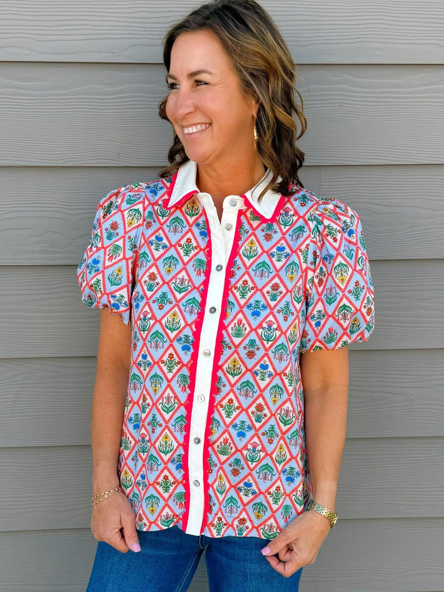 Floral Diamond Print Puff Sleeve Button - Down Top - Jessi Jayne Boutique