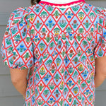 Floral Diamond Print Puff Sleeve Button - Down Top - Jessi Jayne Boutique