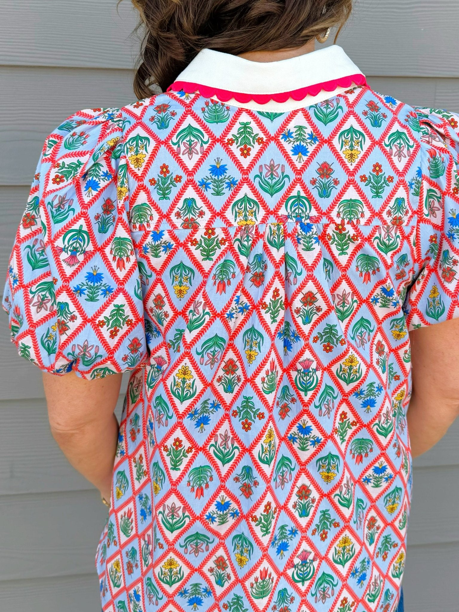 Floral Diamond Print Puff Sleeve Button - Down Top - Jessi Jayne Boutique