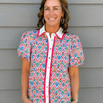 Floral Diamond Print Puff Sleeve Button - Down Top - Jessi Jayne Boutique
