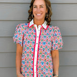 Floral Diamond Print Puff Sleeve Button - Down Top - Jessi Jayne Boutique