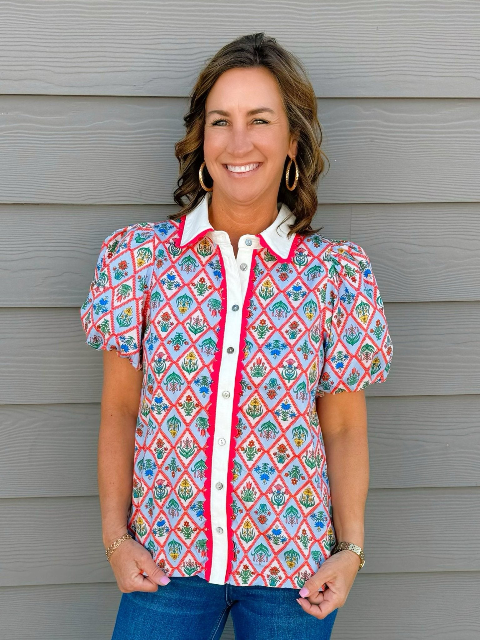 Floral Diamond Print Puff Sleeve Button - Down Top - Jessi Jayne Boutique