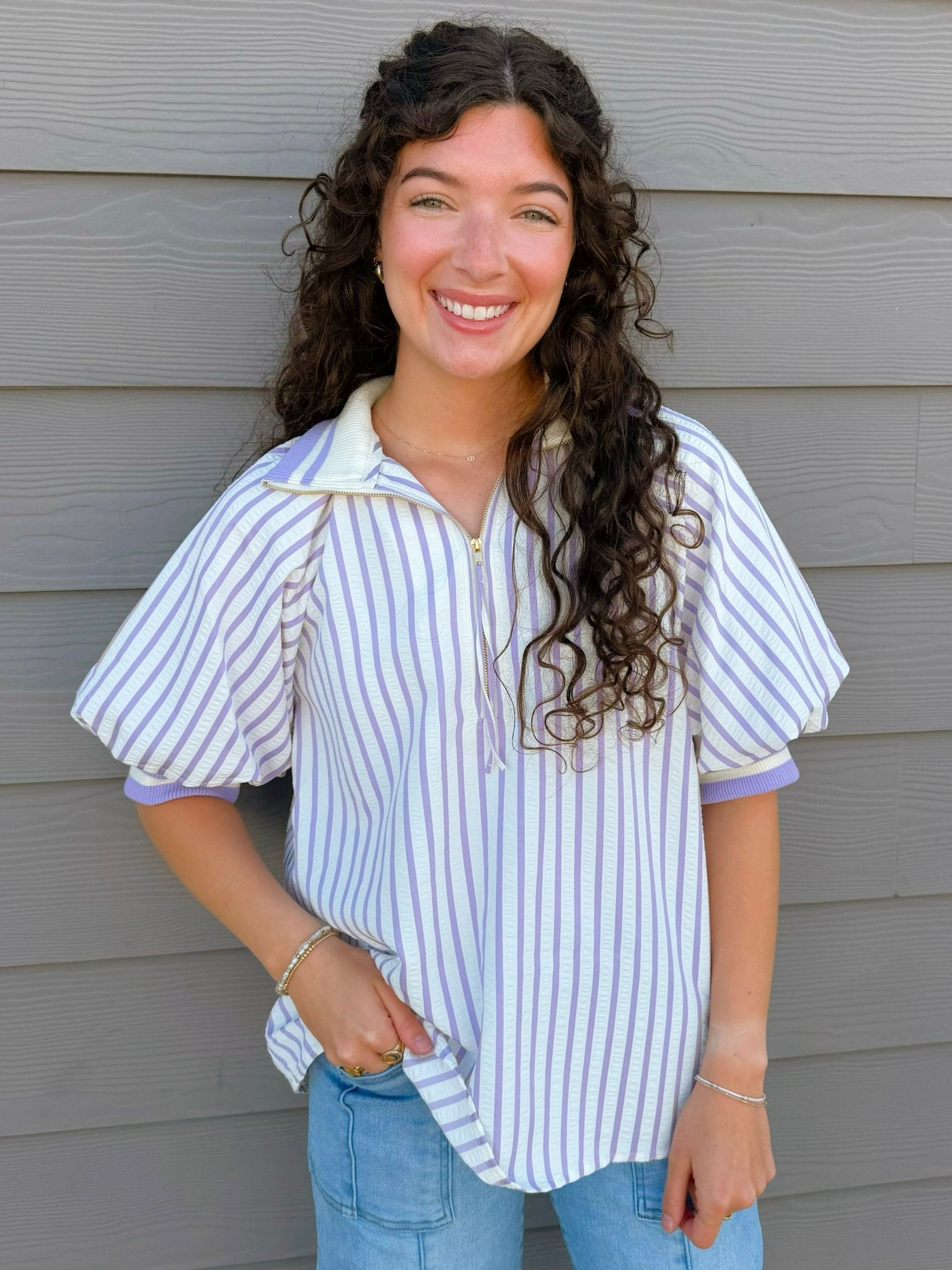 Lavender Stripe Puff Sleeve Half - Zip Top - Jessi Jayne Boutique