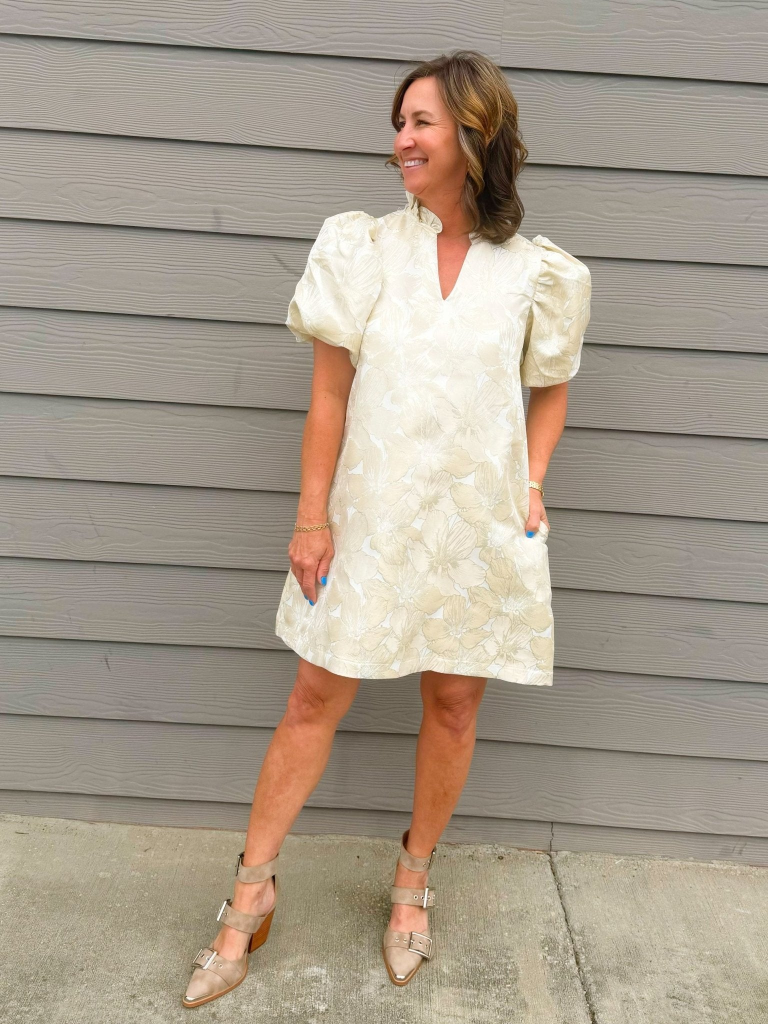 Champagne Vienna Floral Jacquard Dress - Jessi Jayne Boutique