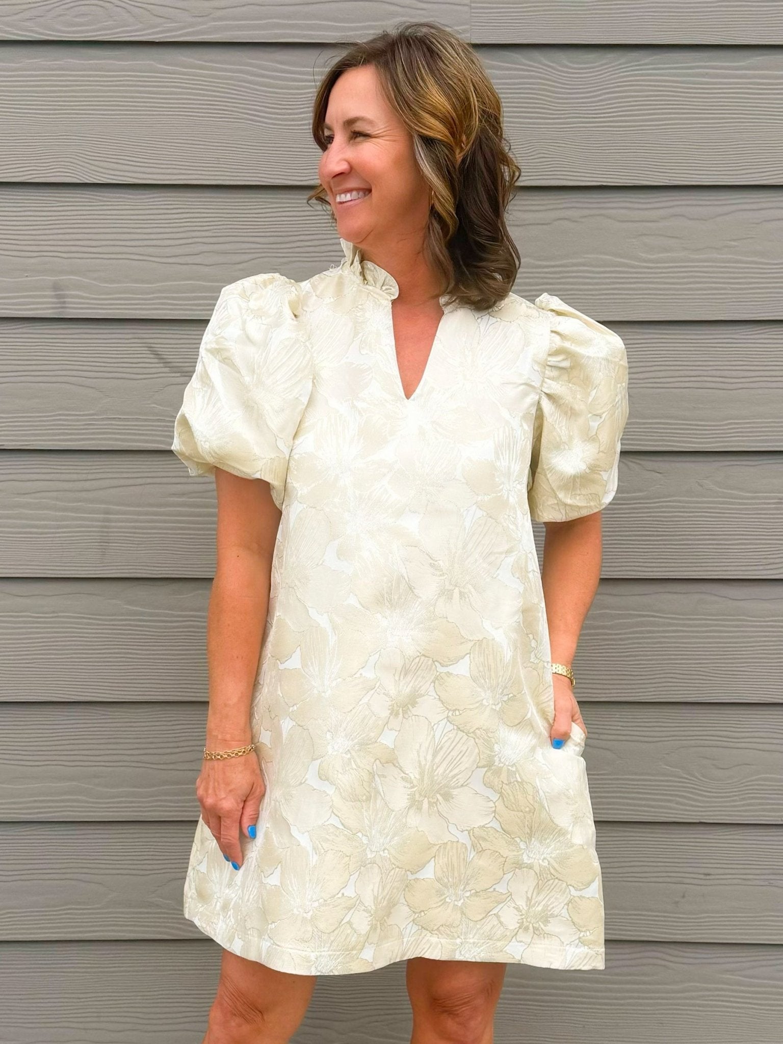 Champagne Vienna Floral Jacquard Dress - Jessi Jayne Boutique