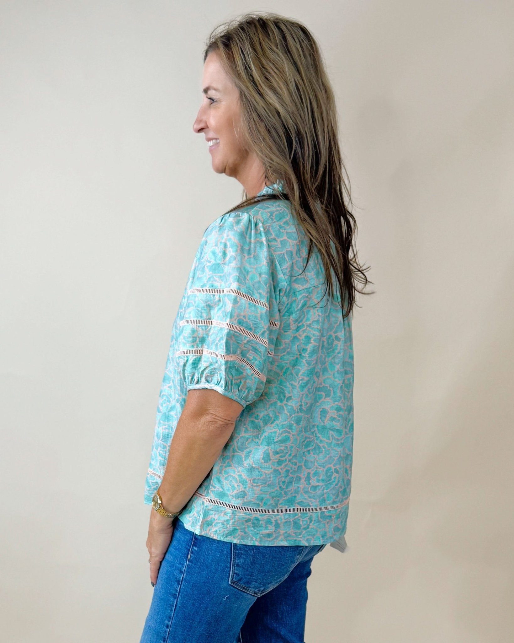 Misty Garden Ruffle Neck Button Top - Jessi Jayne Boutique