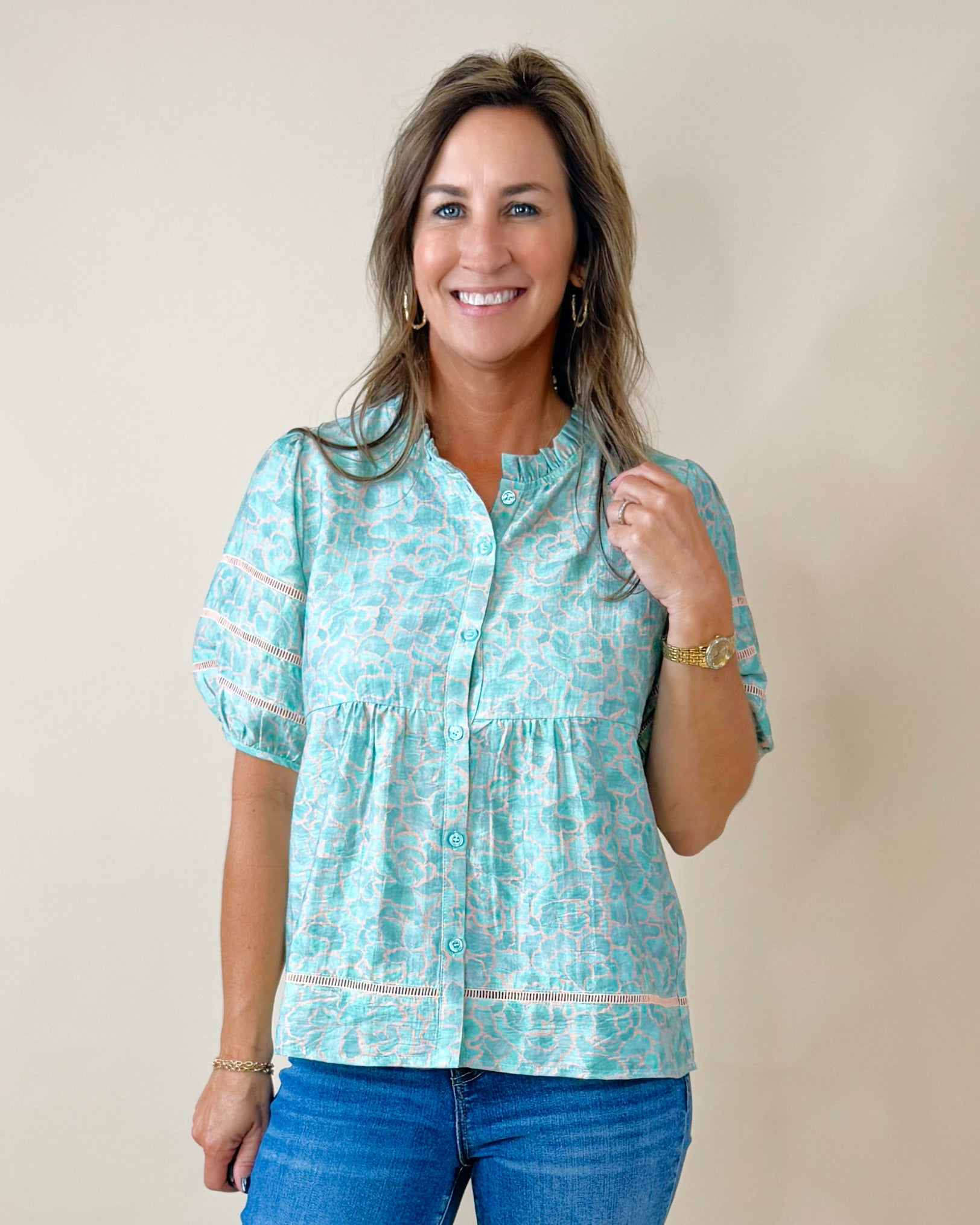 Misty Garden Ruffle Neck Button Top - Jessi Jayne Boutique