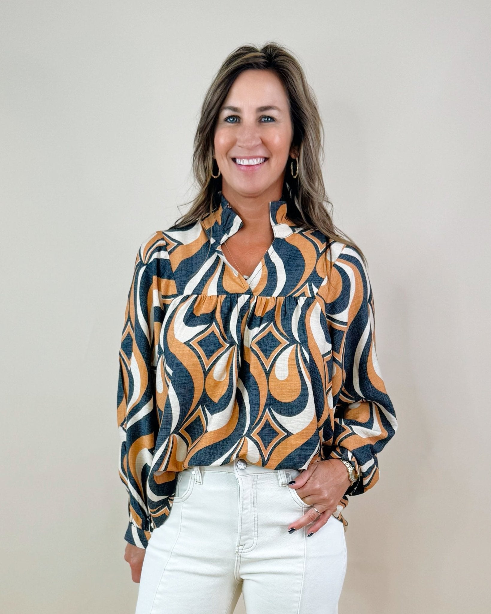 Retro Rush Ruffle Neck Blouse - Jessi Jayne Boutique