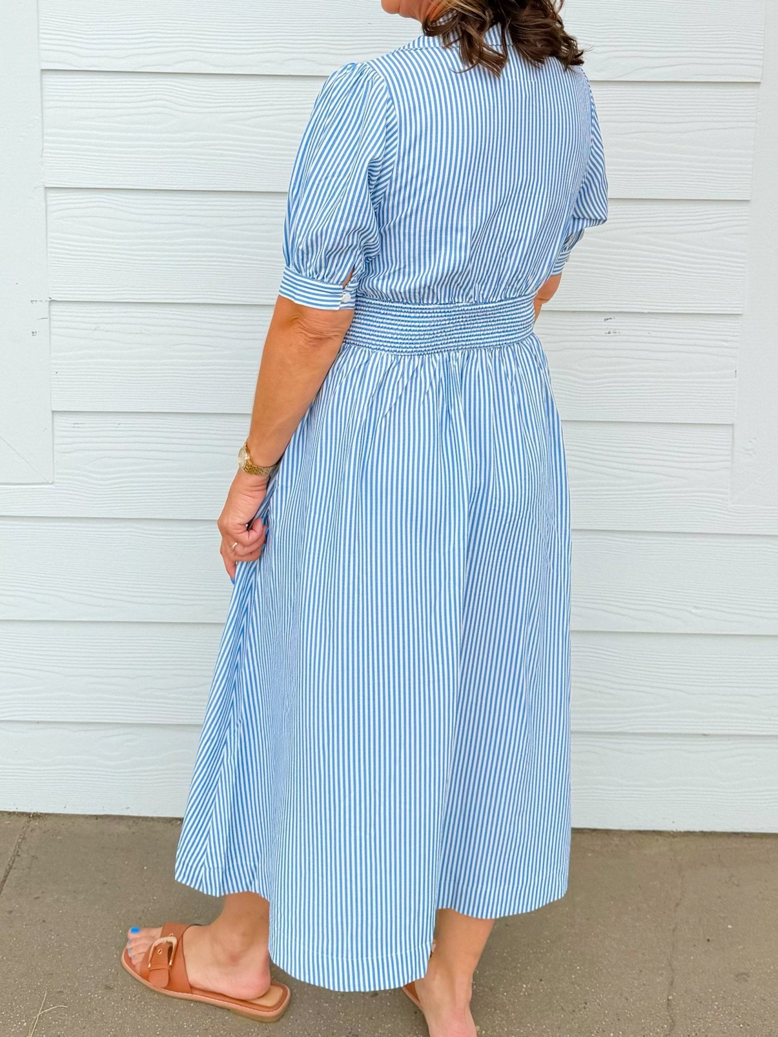 Uptown Stripe Blue Zip Midi Dress - Jessi Jayne Boutique