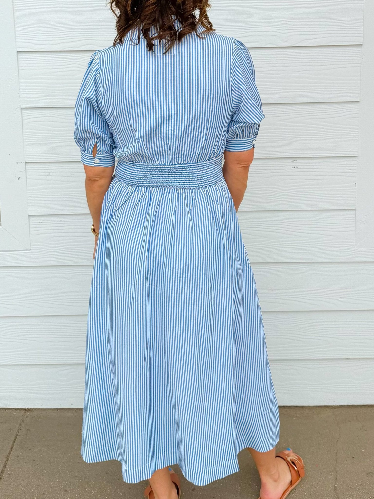Uptown Stripe Blue Zip Midi Dress - Jessi Jayne Boutique
