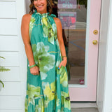 Emerald Garden Tie Neck Midi Dress - Jessi Jayne Boutique