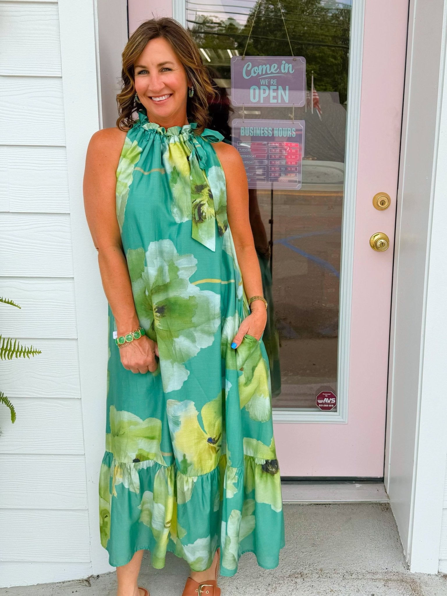 Emerald Garden Tie Neck Midi Dress - Jessi Jayne Boutique