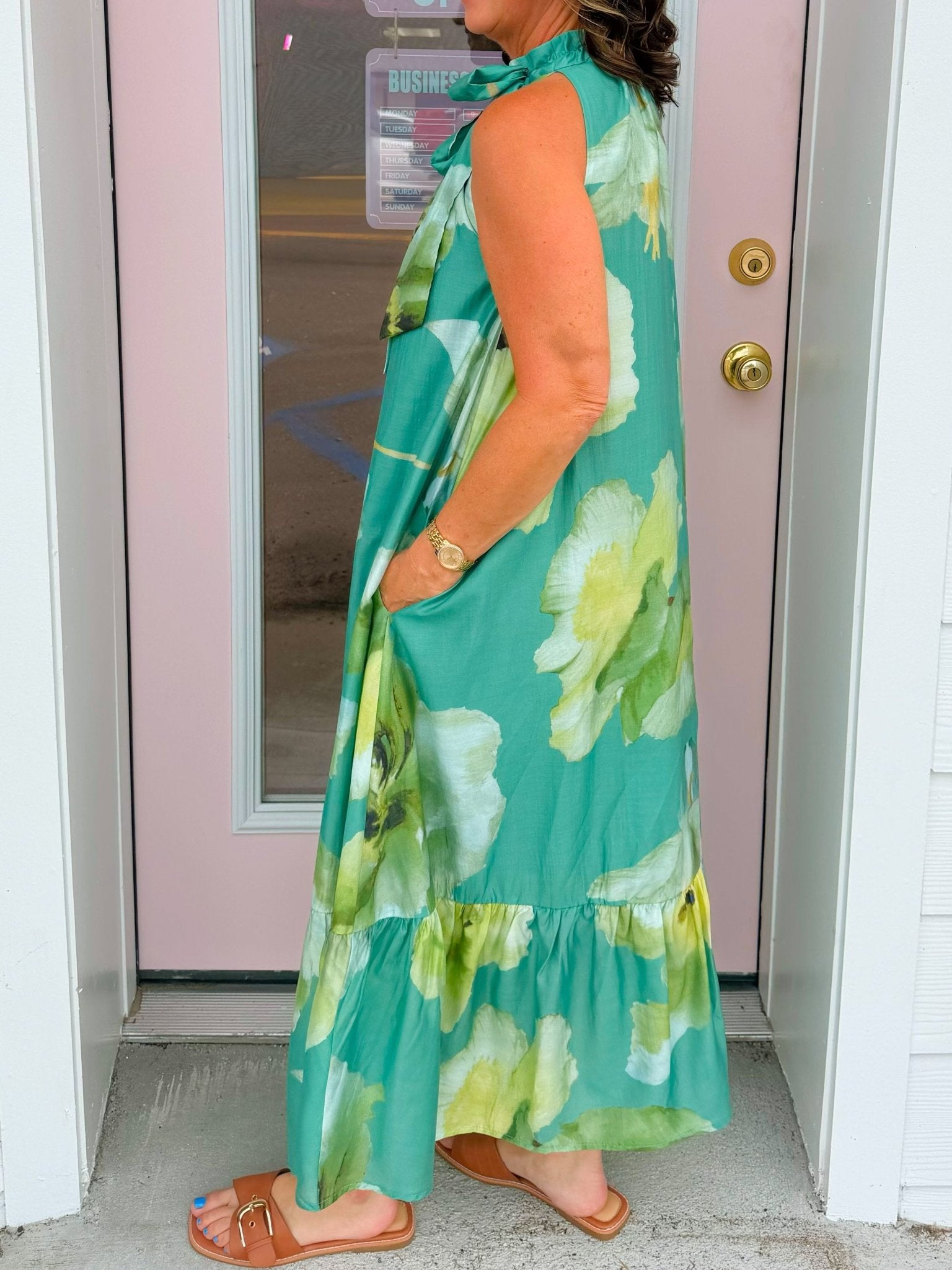 Emerald Garden Tie Neck Midi Dress - Jessi Jayne Boutique