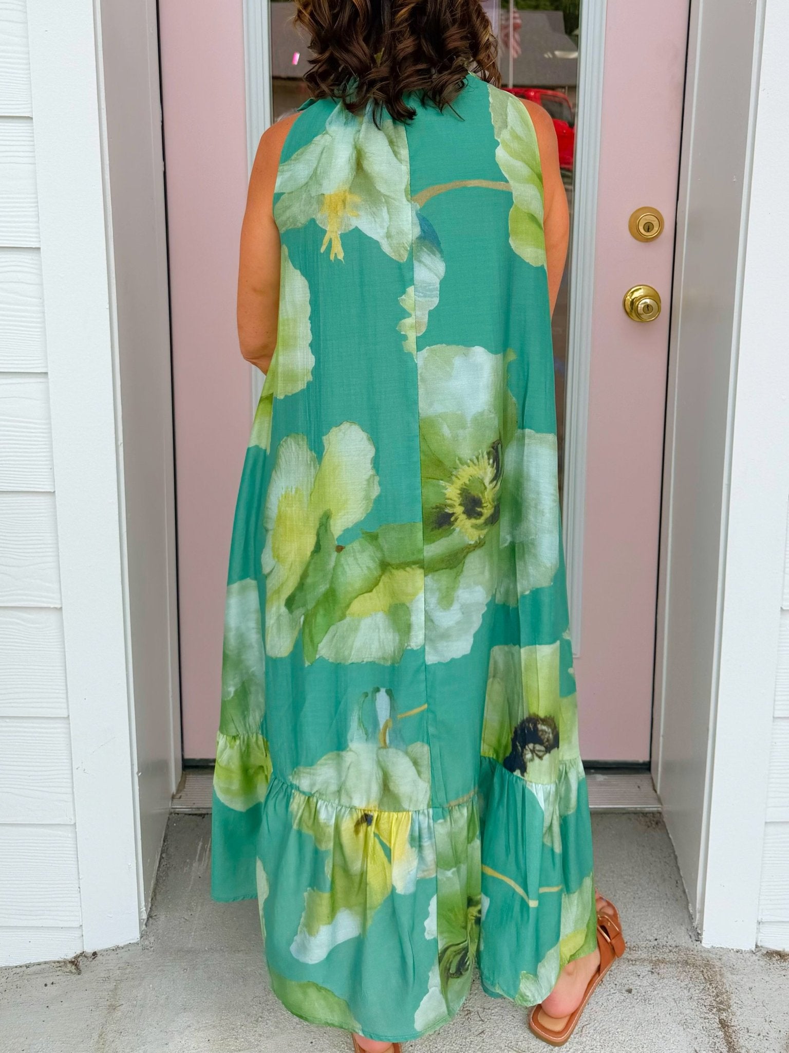 Emerald Garden Tie Neck Midi Dress - Jessi Jayne Boutique