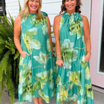 Emerald Garden Tie Neck Midi Dress - Jessi Jayne Boutique