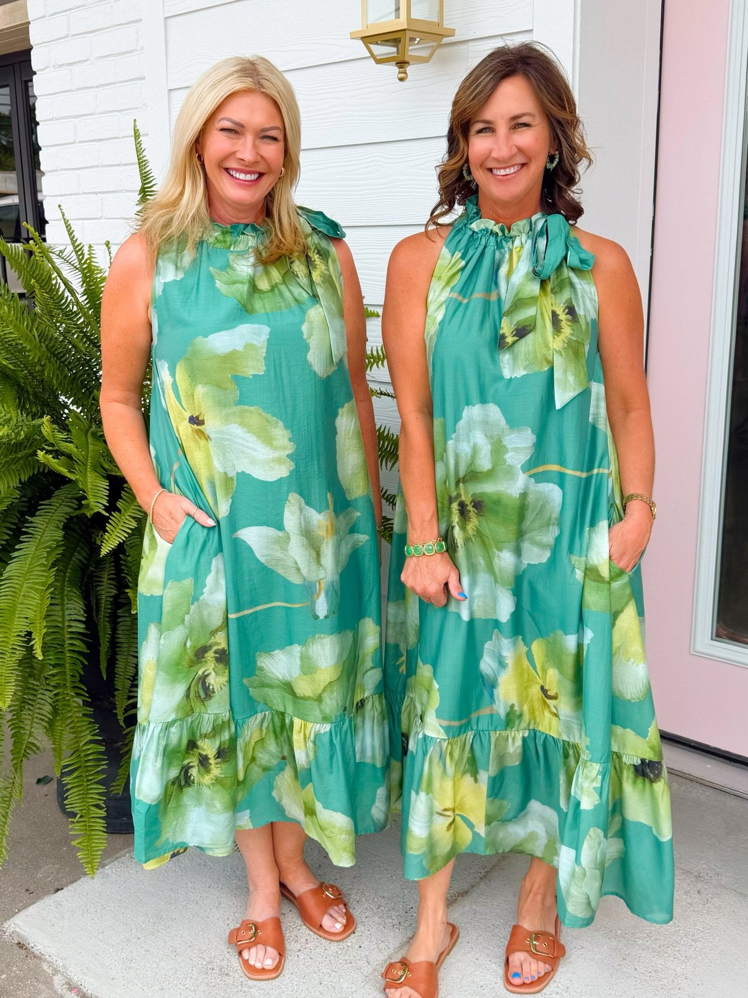 Emerald Garden Tie Neck Midi Dress - Jessi Jayne Boutique