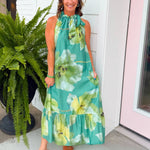 Emerald Garden Tie Neck Midi Dress - Jessi Jayne Boutique