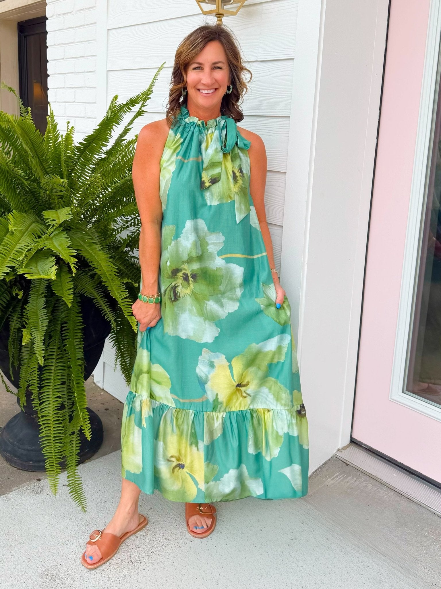 Emerald Garden Tie Neck Midi Dress - Jessi Jayne Boutique