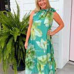 Emerald Garden Tie Neck Midi Dress - Jessi Jayne Boutique