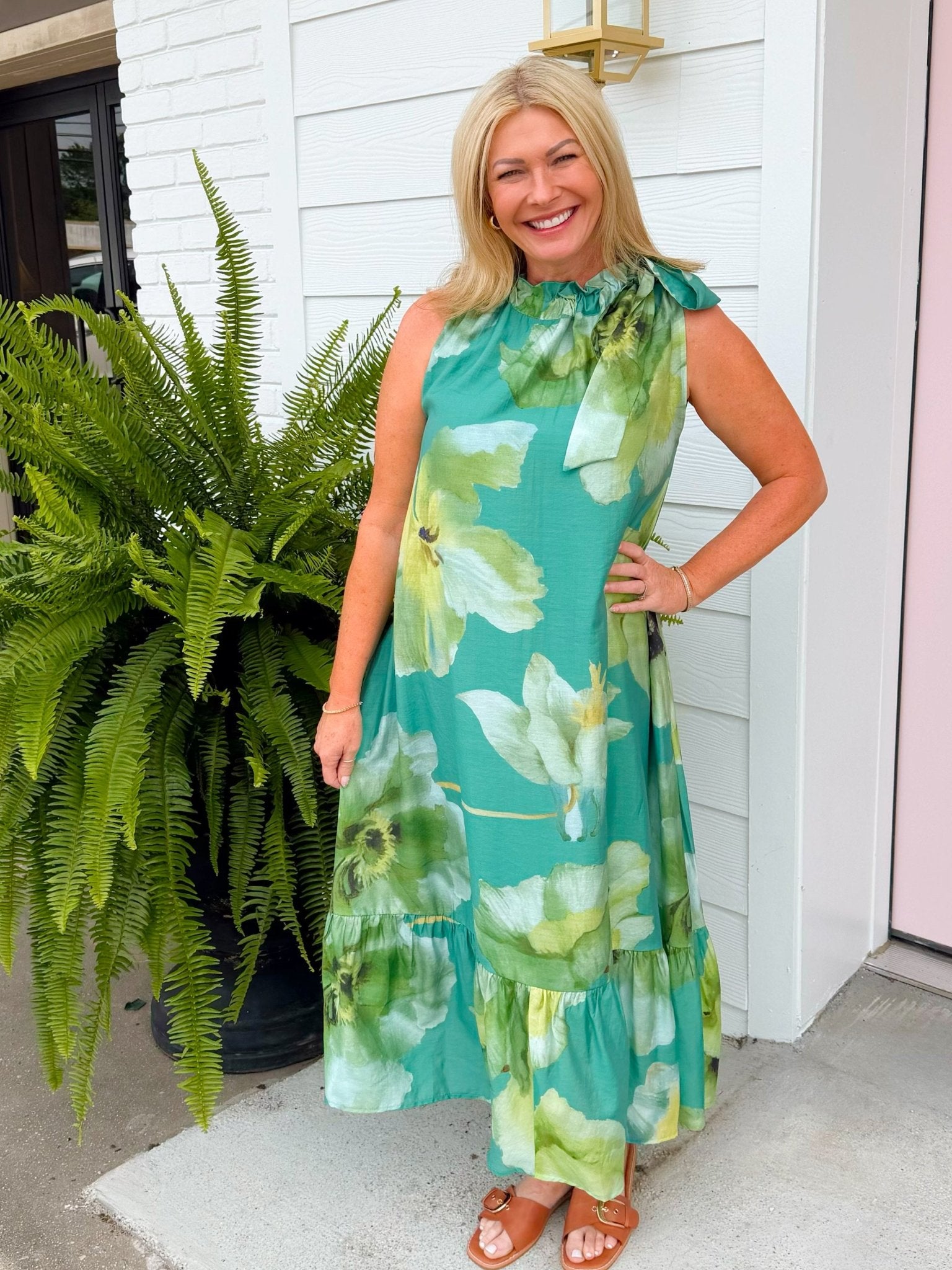 Emerald Garden Tie Neck Midi Dress - Jessi Jayne Boutique