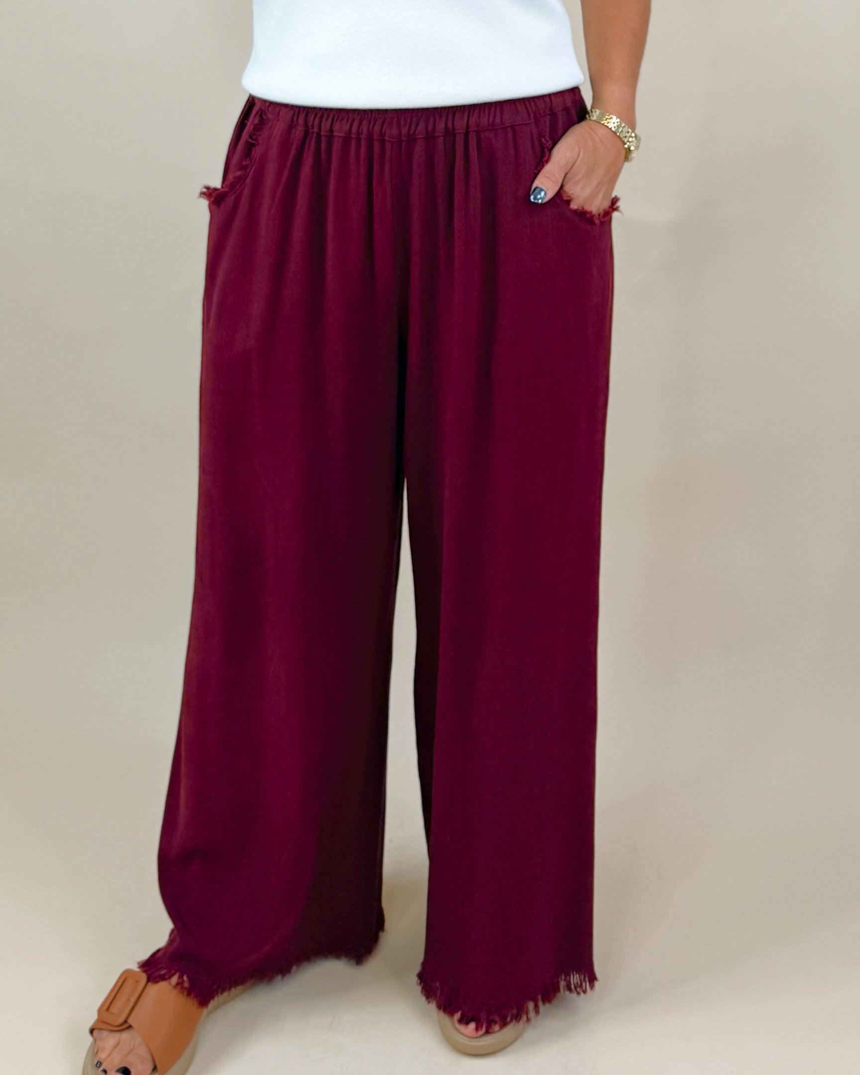 Merlot Fray Day Linen Pants - Jessi Jayne Boutique