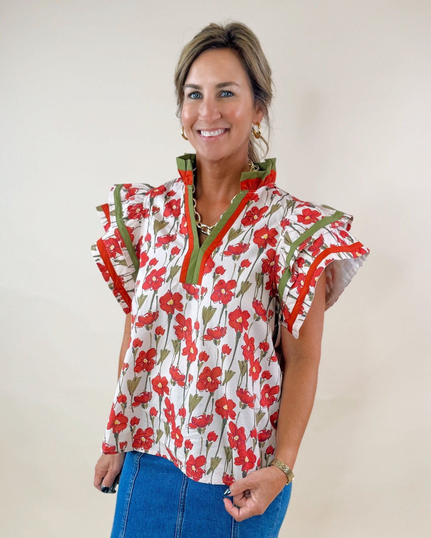 Scarlet Bloom Ruffle Top