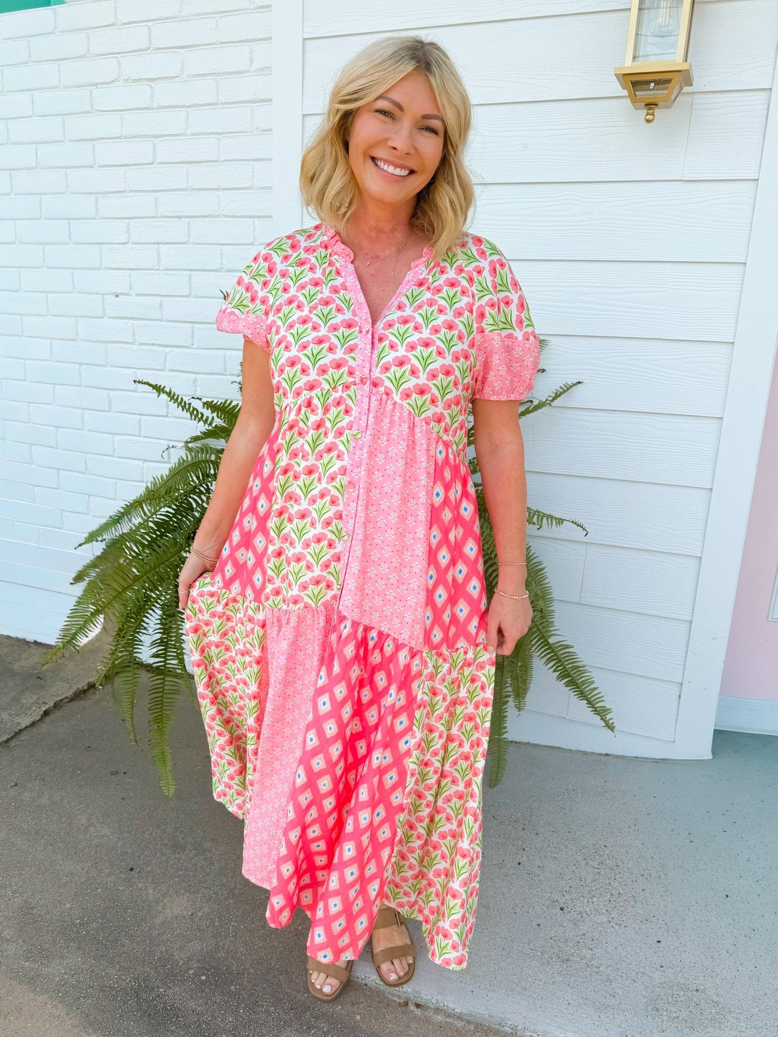 Blushing Patchwork Midi Dress - Jessi Jayne Boutique
