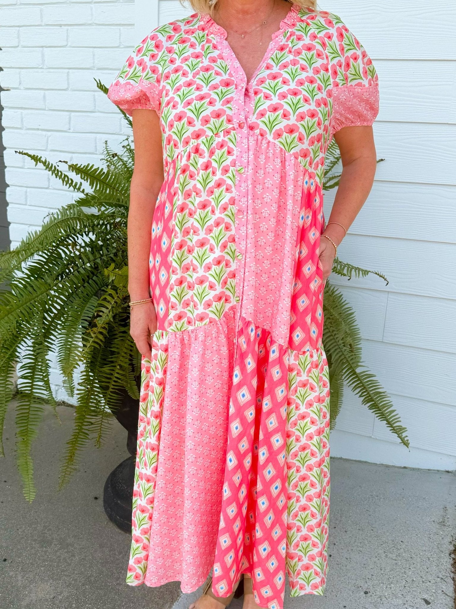Blushing Patchwork Midi Dress - Jessi Jayne Boutique