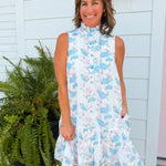 Blue & Pink Floral Ruffle Neck Mini Dress with Pockets - Jessi Jayne Boutique