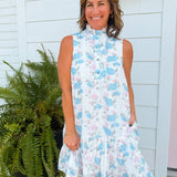 Blue & Pink Floral Ruffle Neck Mini Dress with Pockets - Jessi Jayne Boutique